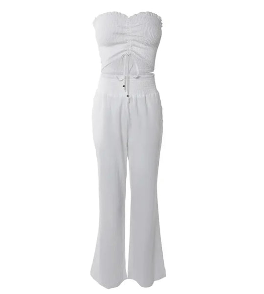 Women White Sexy Strapless Two Piece Pant Set