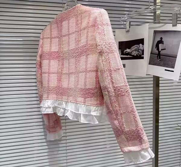Women Pink Plaid Ruffled Blazer Two Piece Tweed Skirt Set