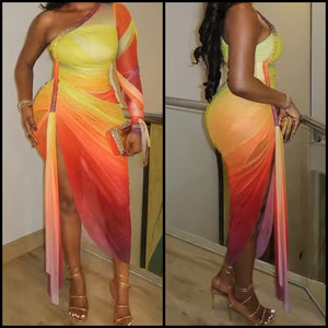 Women Sexy One Shoulder Gradient Side Split Dress