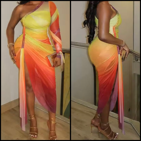 Women Sexy One Shoulder Gradient Side Split Dress
