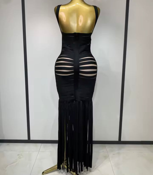 Women Sexy Black Sleeveless Fringe Tassel Bandage Maxi Dress