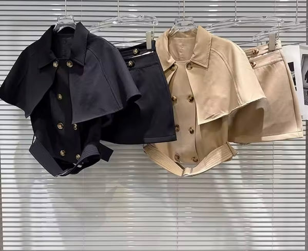 Women Fashion Button Double Breasted Cape Two Piece Skirt Set