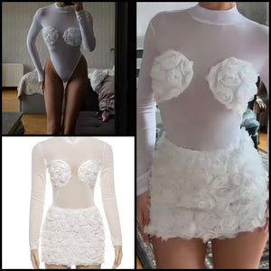 Women White Sexy 3D Floral Mesh Bodysuit Two Piece Skirt Set