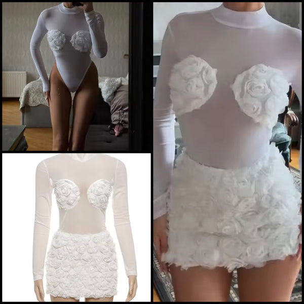 Women White Sexy 3D Floral Mesh Bodysuit Two Piece Skirt Set