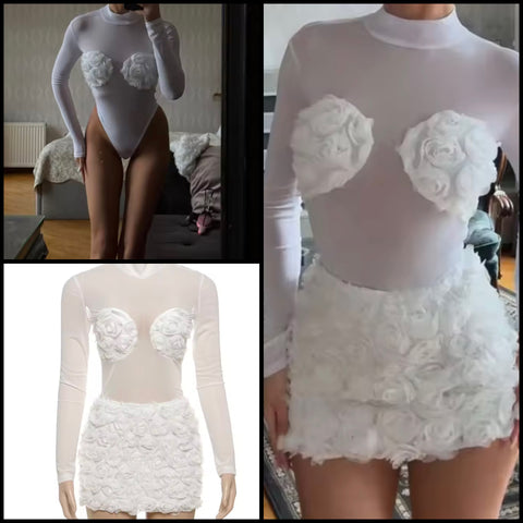 Women White Sexy 3D Floral Mesh Bodysuit Two Piece Skirt Set