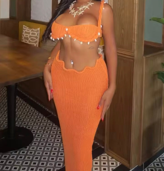 Women Sexy Sleeveless Orange Shells Two Piece Knitted Skirt Set