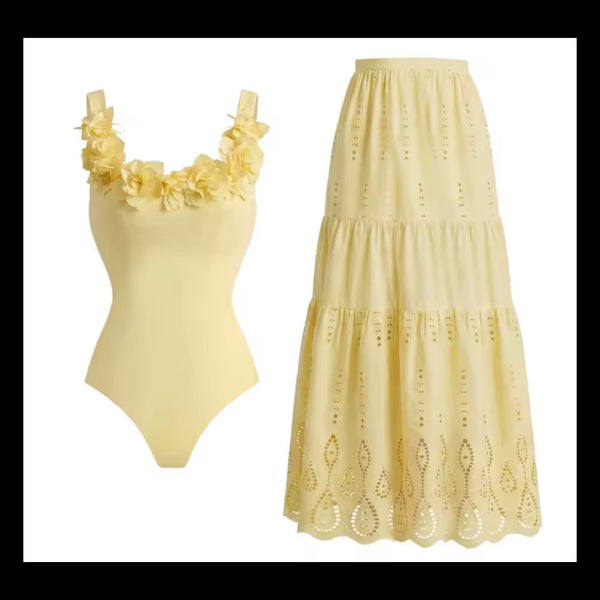 Women Yellow Floral Swimsuit Cover Up Set