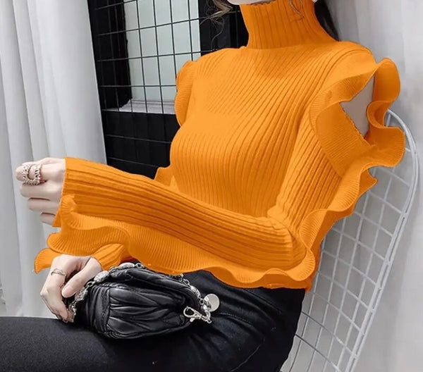 Women Fashion Turtleneck Ruffled Full Sleeve Ribbed Top