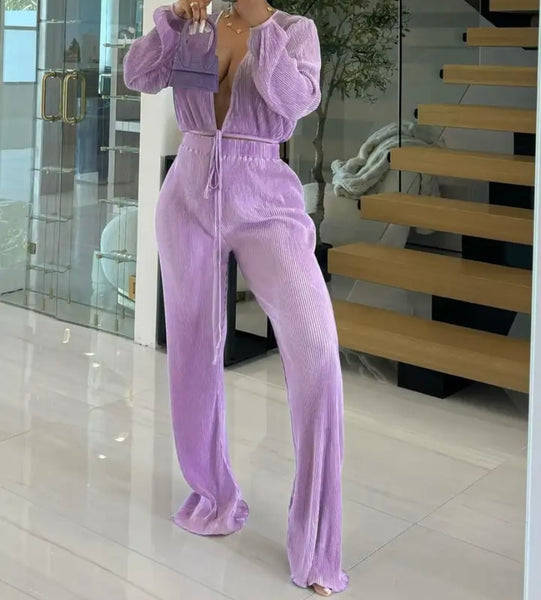 Women Sexy Solid Color Tie Up Full Sleeve Two Piece Pant Set