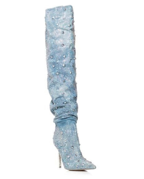 Women Fashion Ruched Bling Rhinestone Knee High Denim Boots