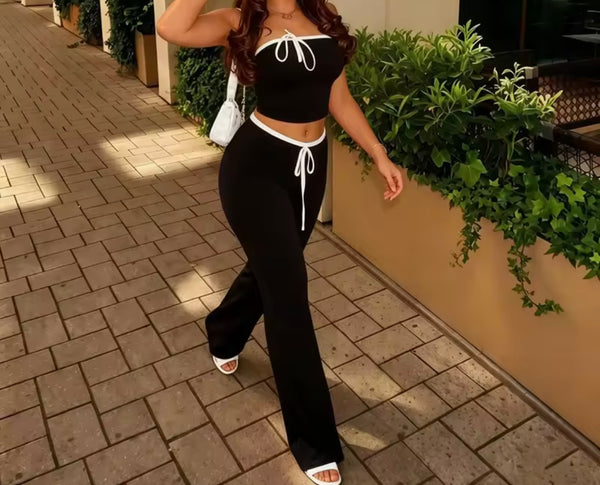 Women Sexy Tie Up Strapless Crop Two Piece Pant Set