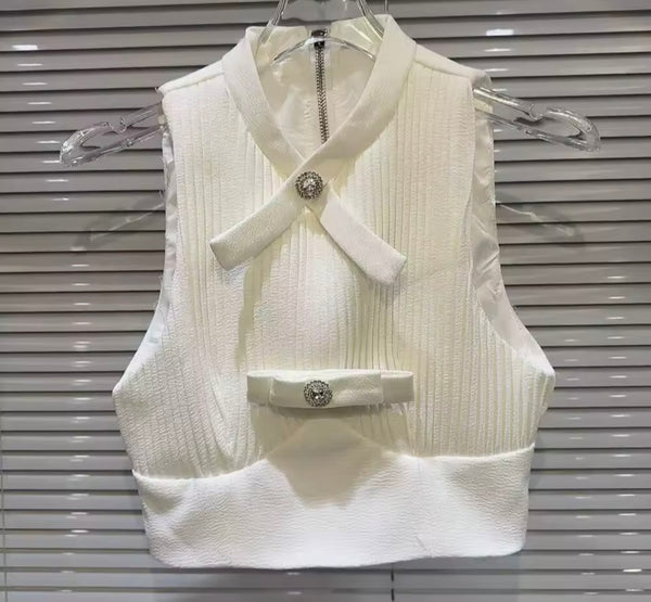 Women Bow Sleeveless Ribbed Two Piece Skirt Set