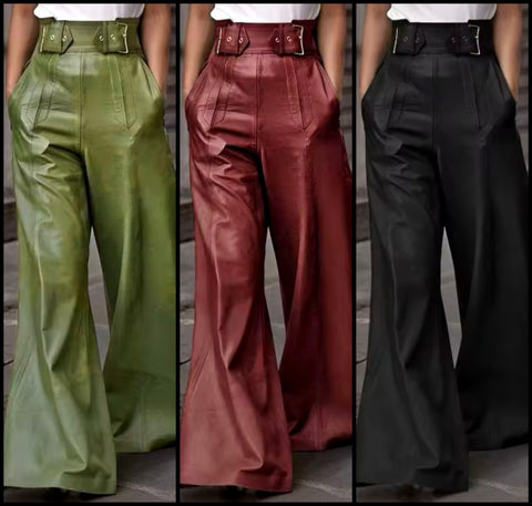 Women Color Fashion Belted Pocket Faux Leather Pants