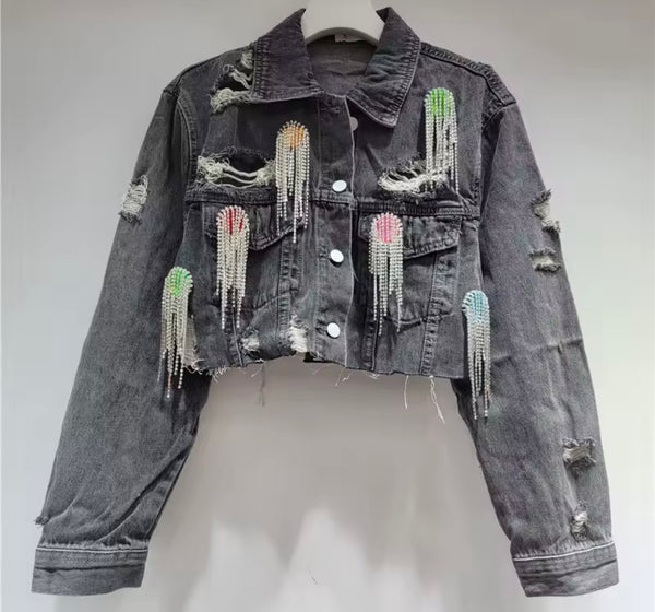 Women Color Crystal Rhinestone Tassel Denim Two Piece Skirt Set