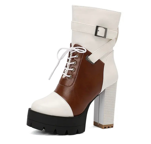 Women Fashion Color Patchwork Lace Up Platform Ankle Boots