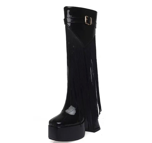 Women Platform Fringe Tassel Fashion Patent Leather Boots