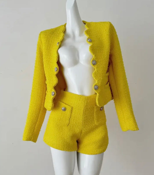 Women Fashion Yellow Tweed Button Up Blazer Two Piece Short Set