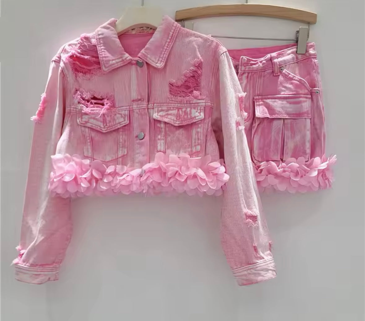 Women Fashion Pink Ripped 3D Floral Denim Jacket Two Piece Skirt Set