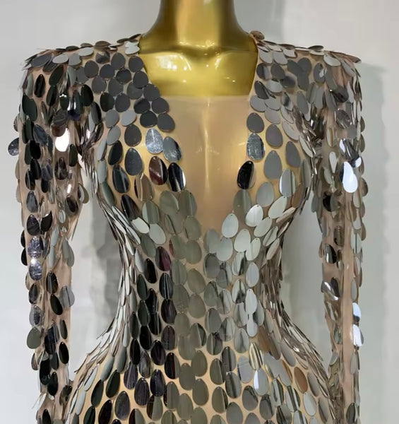 Women Sexy Silver Mirror Full Sleeve Dress