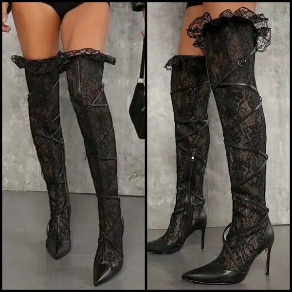 Women Pointed Toe Black Ruffled Lace Over The Knee Boots