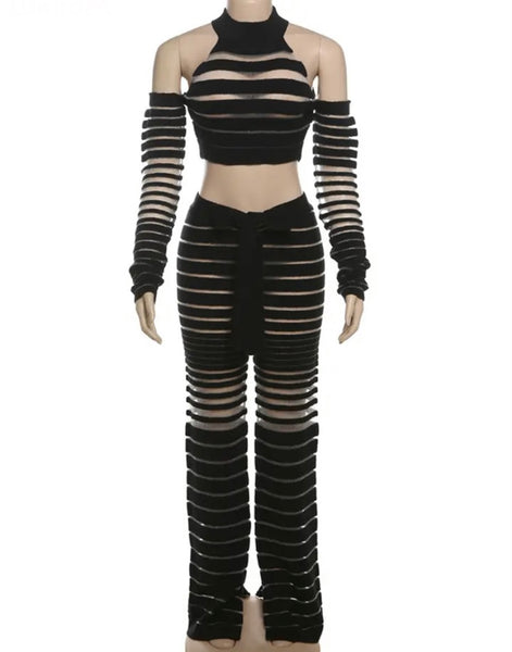 Women Fashion Full Sleeve Mesh Patchwork Two Piece Pant Set