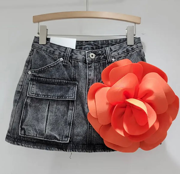 Women Fashion Pocket Color Floral Denim Skirt