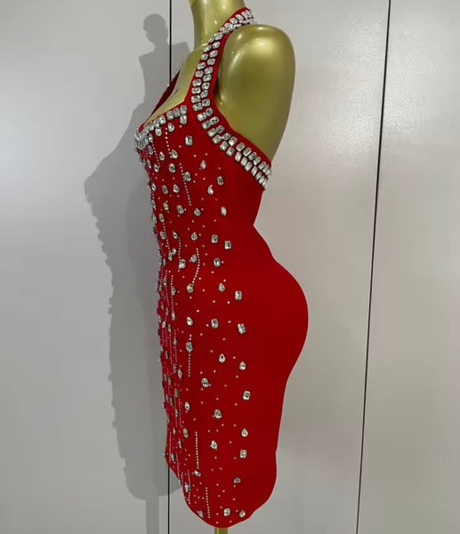 Women Sexy Halter Sleeveless Rhinestone Tassel Dress