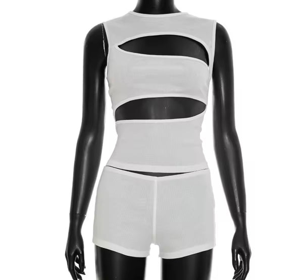 Women Sexy Sleeveless Cut Out Two Piece Short Set