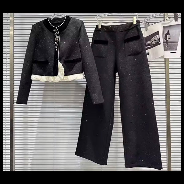 Women Fashion Sparkly B&W Lace Button Up Blazer Two Piece Pant Set