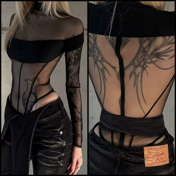 Women Sexy Fashion Black Mesh Full Sleeve Bodysuit Top