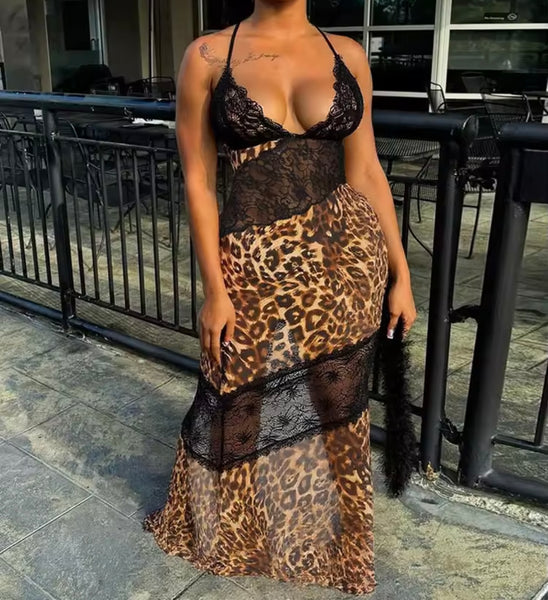 Women Sexy Sleeveless Lace Leopard Mesh Maxi Dress