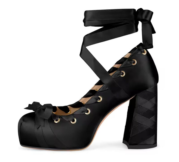 Women Fashion Square Toe Satin Bow Ribbon Lace Up High Heels