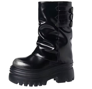 Women Fashion Round Toe Buckled Platform Boots