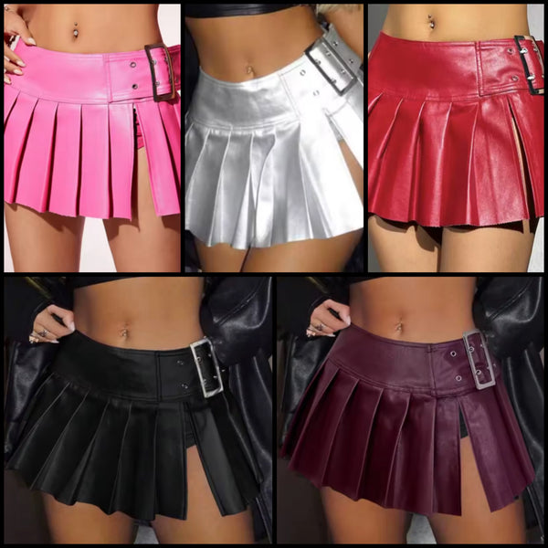 Women Fashion Faux Leather Buckled Side Split Pleated Skirt