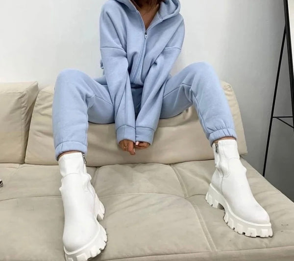 Women Fashion Color Hooded Zip Up Two Piece Tracksuit Pant Set