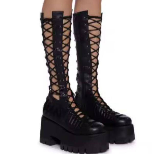 Women Black Platform Fashion Cut Out Lace Up Ankle Boots