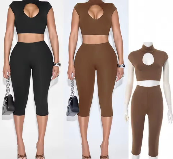 Women Sexy Turtleneck Short Sleeve Cut Out Two Piece Capri Pant Set