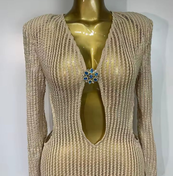 Women Sexy Cut Out Full Sleeve Knitted Maxi Dress