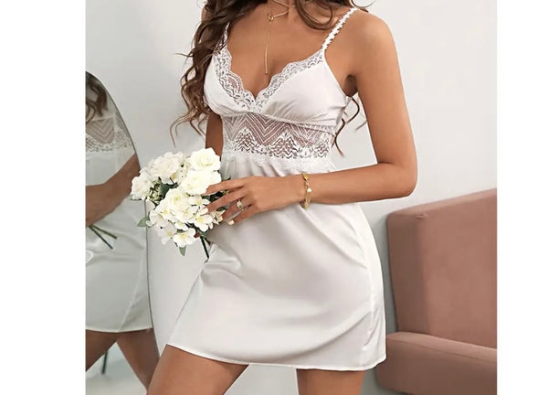 Women Sexy Sleeveless Lace Satin Nightgown Lingerie