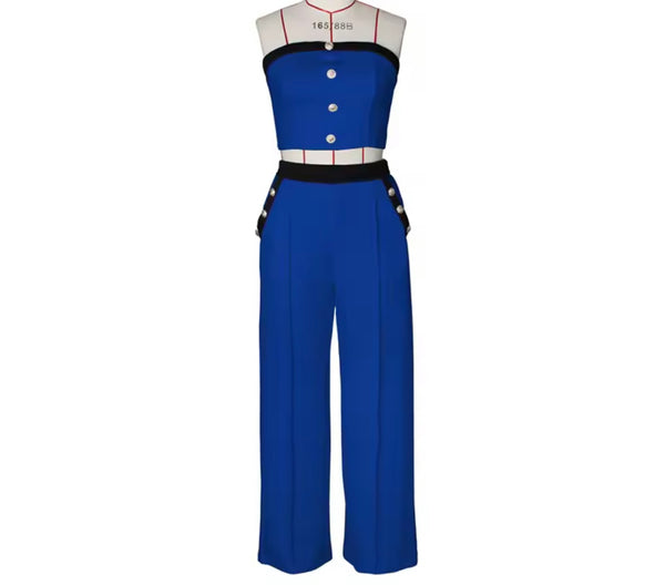 Women Sexy Button Up Strapless Color Patchwork Two Piece Pant Set