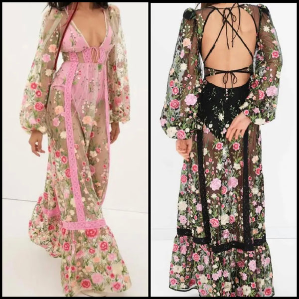 Women Sexy Mesh Floral Open Back Full Sleeve Maxi Dress