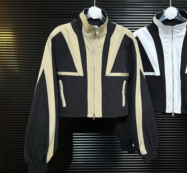 Women Fashion Color Patchwork Zip Up Jacket