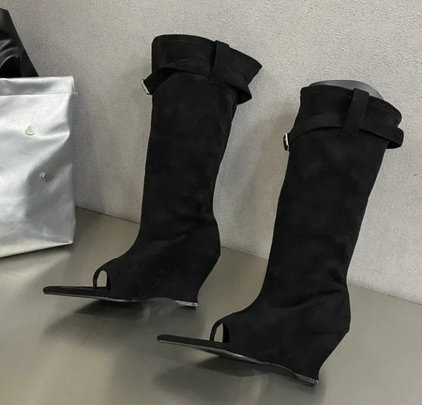 Women Pointed Open Toe Faux Leather/Suede Buckled Knee High Boots