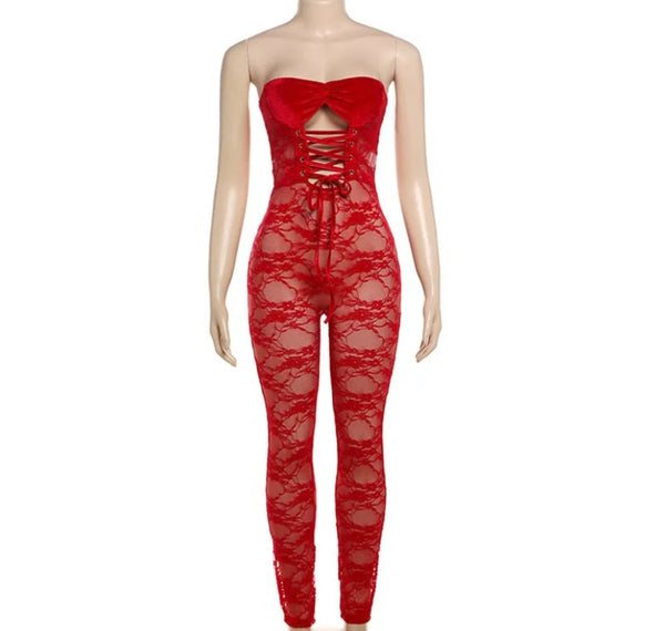 Women Sexy Strapless Cut Out Tie Up Lace Jumpsuit