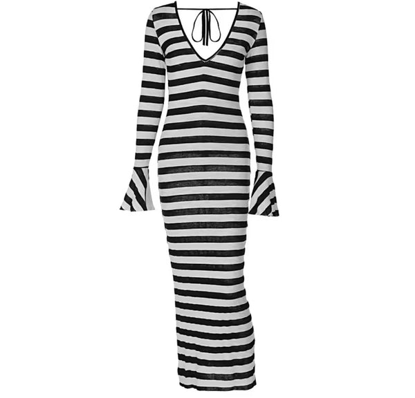 Women Sexy B&W Ribbed Full Sleeve See Through Maxi Dress