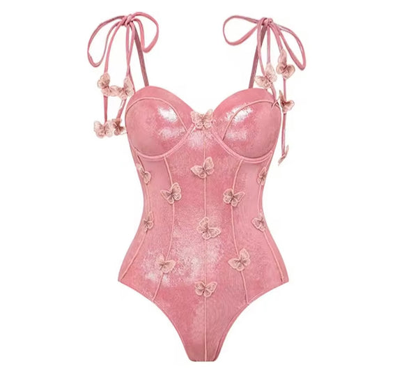 Women Pink Sparkly Tie Up Butterfly Swimsuit Cover Up Set