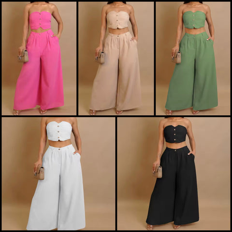 Women Sexy Button Up Strapless Two Piece Wide Leg Pant Set