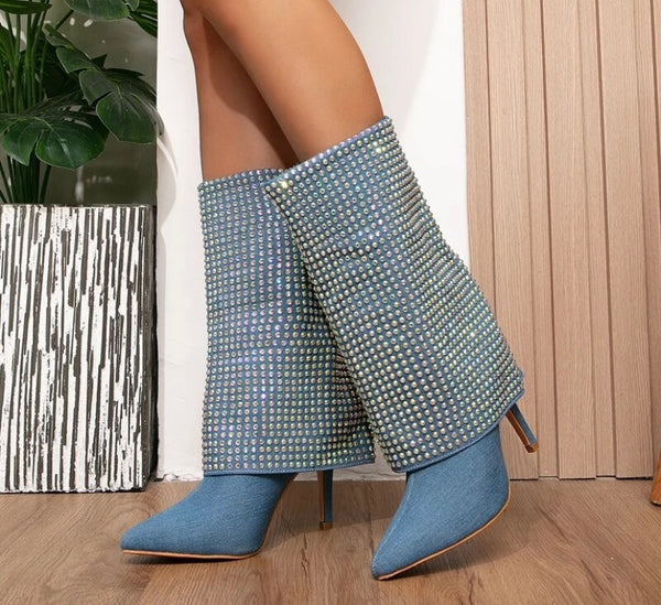 Women Pointed Toe Bling Denim Fashion Boots