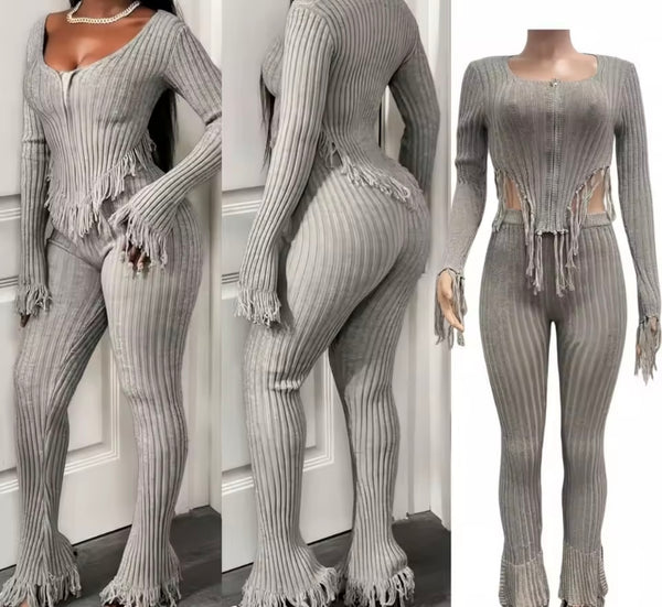 Women Gray Ribbed Fringe Full Sleeve Fashion Two Piece Pant Set