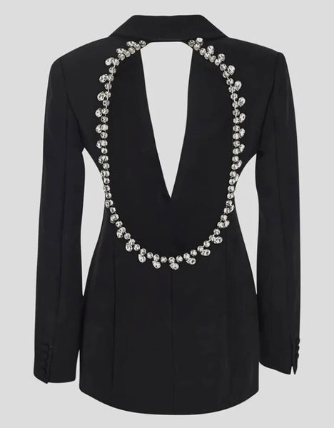 Women Fashion Button Up Open Back Rhinestone Blazer Top